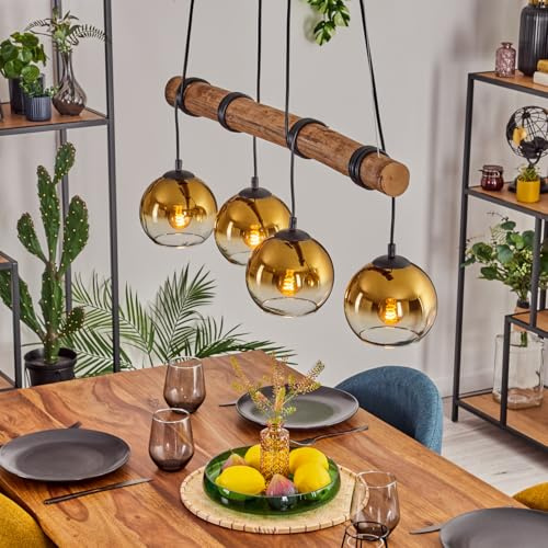 HOFSTEIN Pendelleuchte Koyoto, 4-flammige Hängelampe aus Metall/Holz/Glas in Schwarz/Natur/Gold/Klar, Hängeleuchte mit Glasschirmen und Holzbalken, Höhe max. 150cm, E27, Esszimmer, Wohnzimmer, Küche