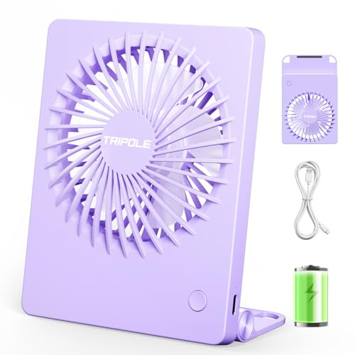 TriPole Desk Fan Battery Operated, 180° Tilt Foldable Portable Fan, 3 Speeds Adjustable USB Rechargeable Table Fan, Ultra Thin Mini Fans for Home Office Travel Outdoor Gifts for Women Men, Purple