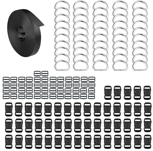 HUAZIZ 50 Stück Steckverschluss für 10 mm Gurtband, Adjustable Side Release Plastic Buckles, 50 Stück Metall D Ring Schnalle 12mm für Paracord Armbänder Hunde-Halsband Rucksacke Schwarz
