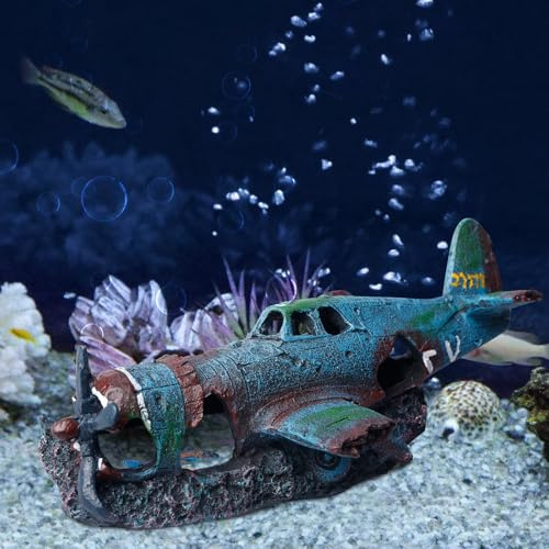 LEKEFETO Acquario naufragio aereo, decorazione per acquario, nave pirata, ornamento per acquario, pompa ad aria alimentata (piccolo aereo)