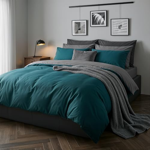 Brentfords King Size Duvet Cover Reversible, Luxury Bedding Kingsize Microfibre Covers Duvet Quilt Super Soft Hotel Quality Bedding with Pillowcases, Teal/Grey