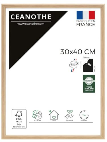 Ceanothe Cadre Photo 30x40 cm Bois Clair Naturel, Pour Exposition et Idéal pour Affiche et A4, Collection Essentiel Verre acrylique Incassable Fabriqué en France