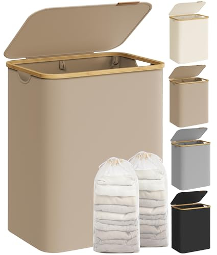 SONGMICS Tvättkorg, 130 L, med Lock, 2 Fack, Uttagbar Innerpåse | Oxfordtyg, 52 x 38,5 x 70,5 cm, för Badrum, Solbränna och Ljus Bambu, ROXANNE Kollektion LCB513LJ01