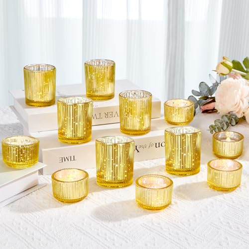 IMAGE Elegant Glas Teelichthalter Set von 12, enthält 6 hohe und 6 Kurze Teelichtgläser für Hochzeiten, Diwali, Haus Dekoration, und besondere Anlässe, Gold