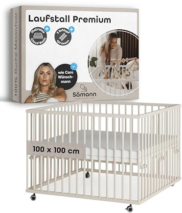 Sämann Laufstall Baby 100x100 cm mit Matratze und Schlupfsprossen | TÜV geprüft | stufenlos höhenverstellbar | Laufgitter Premium | Babybett aus Holz | Krabbelgitter sahara dust