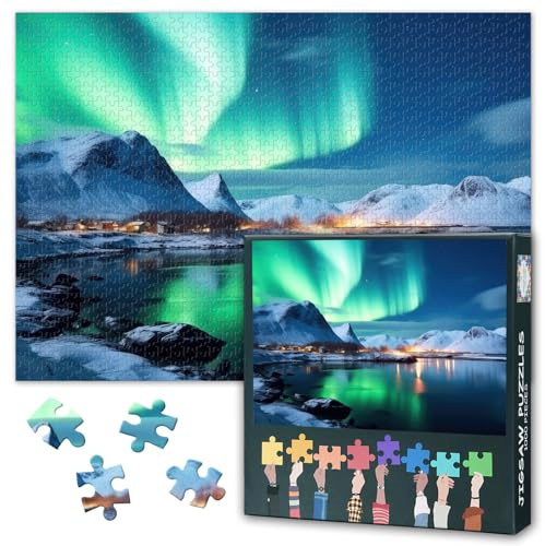 Aurora Polar Lights 1000-Piece Puzzle - 50x70cm Natural Scene of Green Northern Lights Art Painting, Intricate Details for Mindful Evening Activity, Family Challenge Night & Adults