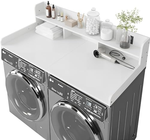 HMAZAE Washer Dryer Countertop with Shelf, 2-Tier Laundry Countertop Over Washer and Dryer, 54 x 27.55 Wooden Table for Folding Clothes for Laundry Room Organization and Storage (Milky)