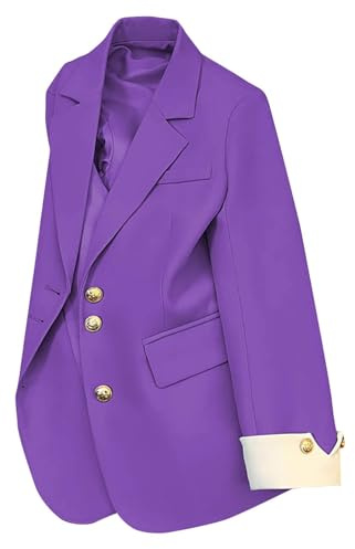 Blazer Femme Chic Et Elegant Veste Tailleur Femme Ample Ceremonie Mode Jacket Automne Court Travail Blouson Tendance Printemps Couleur Unie 2#Violet L