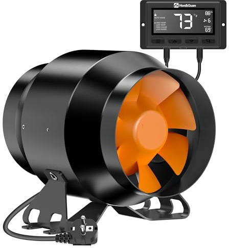 Hon&Guan EC Rohrventilator 100mm mit Temperatur- Feuchtigkeitsregler Drehzahlregler, Rohrlüfter 360 m³/h mit Intelligenter Kontroller EU-Stecker für Growzelt Gewächshaus Aktivkohlefilter 3D-Drucker