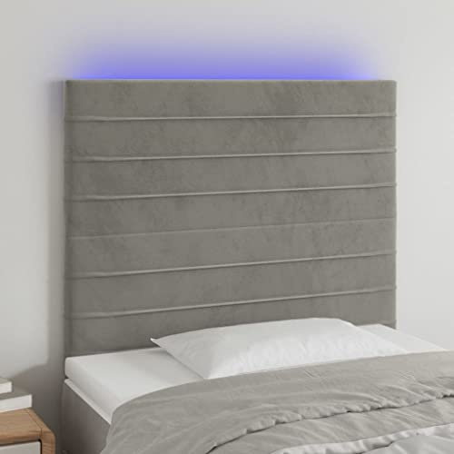 Qnhdfrt LED Kopfteil Bettkopfteil Samt Hellgrau 100x5x118/128 cm Höhenverstellbar mit RGB Beleuchtung Modernes Wandkissen für Schlafzimmer