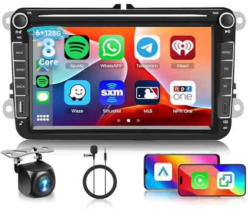 Hodozzy 6G+128G 8-Core Android Radio para VW Passat Golf Jetta EOS Polo Touran Seat Sharan con Carplay Android Auto, Pantalla Táctil de 8 Pulgadas con Bluetooth GPS WiFi USB DSP FM/RDS Radio, Cámara