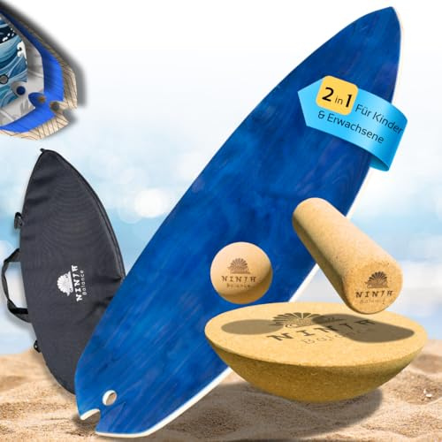 Ninja Balance Board | Balance Board + Kork Halbkugel – Gleichgewichtstrainer für Kinder & Erwachsene – 100% Holz in Rocker shape - Indoor Surfing Board Fitness | Trickboard für Core Training | Woven