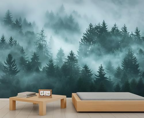 Nebelgrüne Waldtapete, neblige Berge, Wandbild, Naturlandschaft, Kindertapete für Mädchen, Schlafzimmer, Wandbild für Kinderzimmer, Wohnzimmer, 280 x 200 cm