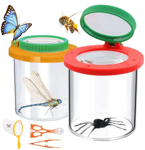 2 Stück Becherlupen für Kinder, Becherlupe Set, Lupenglas für Kind Insekten Viewer für 3-Fach und 6-Fach,mit Schmetterlingsfangnetz,Pinzette,für Kinder Outdoor Wissenschaft Natur Erkundung