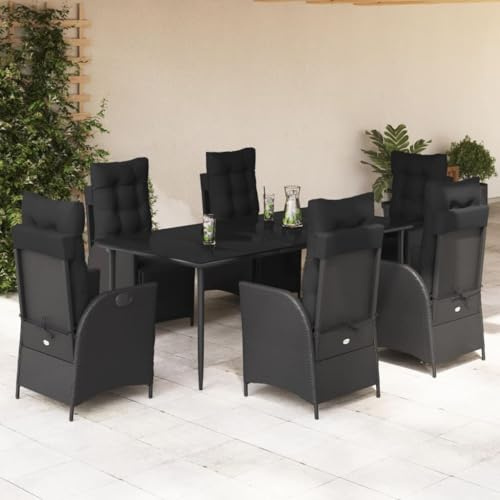 Yunovire 7-TLG. Garten-Essgruppe Schwarz Poly Rattan, Verstellbare Relaxsessel mit Kissen, 200x100cm Tisch für Terrasse, Balkon, Außenbereich, UV-beständig