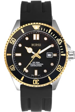 BUREI Orologio subacqueo da uomo, impermeabile fino a 200 m, analogico, al quarzo, in acciaio inox, alla moda, classico, da lavoro, da lavoro, con data automatica, Oro-Nero, Stile del prodotto