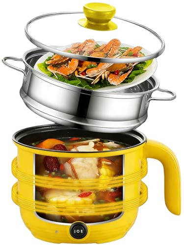 Olla caliente eléctrica con vapor, olla Hotpot Eléctrica Multiuso Mini Portátil Antiadherente Multicooker, Sartén Eléctrica Rápida Ramen Cocina para Carne/Pasta/Sopa/Huevo/Avena