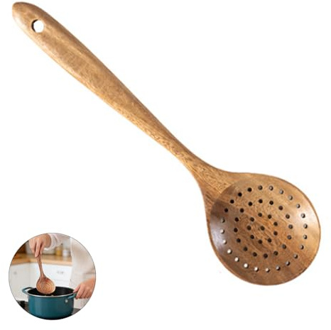 Holz Schaumlöffel Sieblöffel aus Holz Slotted Spoon Zum Kochen | mit Langem Griff für Fritieren, Dünsten und Schöpfen