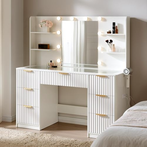 LUXOAK Fluted Dressing Table with Mirror & LED Lights, 7-Drawer Makeup Vanity with Glass Top, Charging Station & Hair Dryer Holder for Women & Girls, White