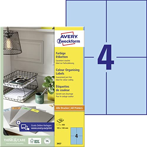 AVERY Zweckform 3457 Blaue Etiketten (400 Aufkleber, 105x148mm auf A4, permanent haftend, selbstklebende Farbetiketten, Papier matt, bedruckbare, farbige Klebeetiketten) 100 Blatt, 400 Stück