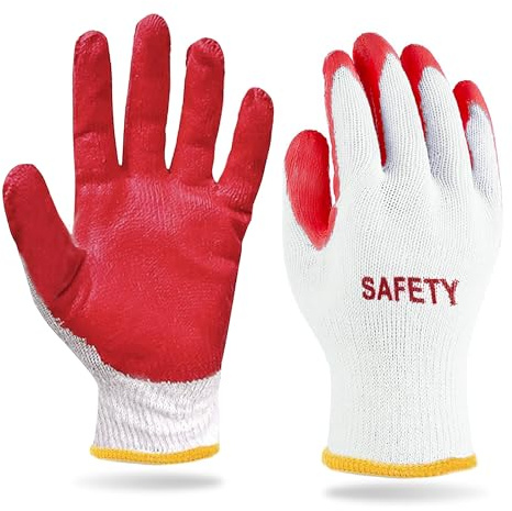 STIX-ON SAFETY Non-Slip 300 Pairs Red Latex Cotton Multi-Purpose Work Gloves- Nitrile Dipped & Rubber Palm Coated for a Firm Grip- Heavy Duty Premium-Construction-Moving-Warehouse-Garden-Gloves