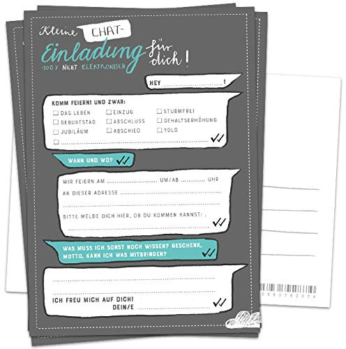 50 Einladungskarten - Kleine Chat Einladung für dich - Grau Weiß Türkis, Postkarten Einladungen zum Geburtstag, Jubiläum, Party, Einzug, Abschluss, Abschiedsfest, DIY Design mit Adressfeld