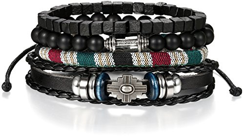 JewelryWe Herren Leder Armband Set, Retro Wickelarmband Kugel Perlen Leder Seil Geflochten Armreif Perlenarmband Surfer Surferarmband