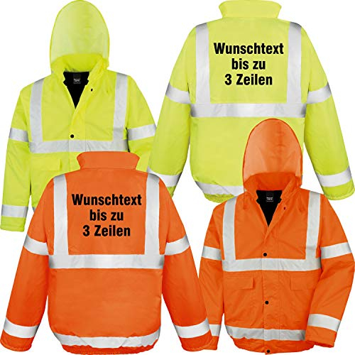 Nashville print factory Wetterfeste gefütterte Sicherheitsjacke mit Kapuze bedruckt mit Ihrem Wunschtext | Rückendruck (M, Neon Gelb)