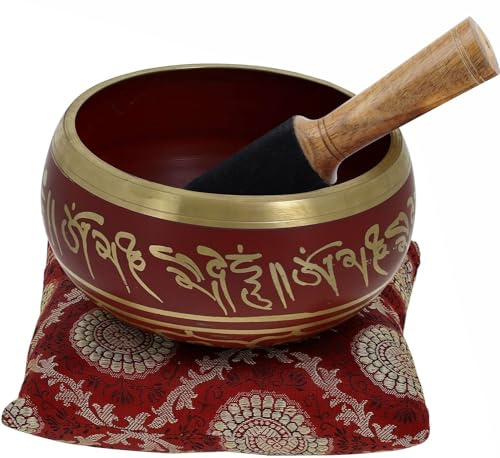 Ajuny Tibetische Klangschale Set Handgefertigte Messing-Schale In Rot/Gold mit Stock & Kissen Meditation Yoga Achtsamkeit Chakra-Ausgleich Heilung Klangtherapie Entspannung & Stressabbau (10cm/4 Zoll)