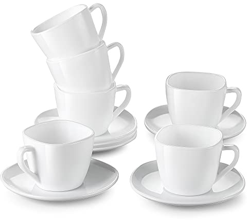 MALACASA ESMER-Serie, 6-teiliges Set Kaffeetassen mit Untertassen aus Opalglas, klassische Tasse mit Deckel, 6 x Tassen [8,4 x 10,5 x 7 cm, 220 ml] + 6 x Untertassen [14,5 x 14,5 x 1,7 cm;