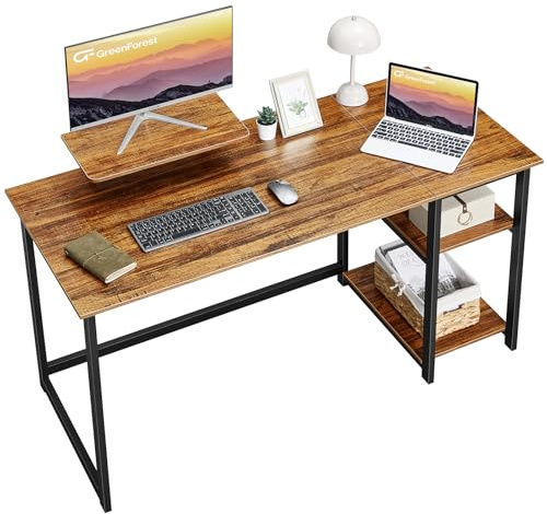 GreenForest Schreibtisch 140cm Mit Stauraum und Monitorständer - Bürotisch für Home Office, Walnuss