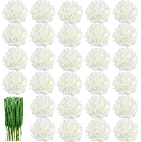 HinyoCo 28 Stück Hortensienblüten aus Seide, 20 cm, künstliche Blume mit Stielen, künstliche Blumen für die Dekoration von Hochzeitsfeiern zu Hause (Elfenbein)