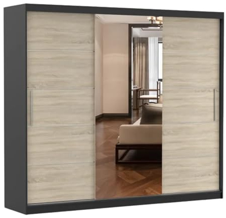 Fabryka Mebli Idźczak Kleiderschrank mit Spiegel, Schiebetüren - Schwarz/Sonoma Schwebetürenschrank, Schlafzimmerschrank - ‎61 x 250 x 218 cm - Schrank für Schlafzimmer, Wohnzimmer, Garderobe