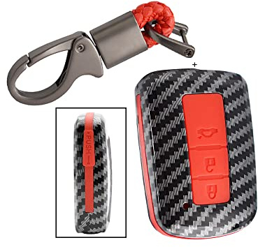 HIBEYO Smart Autoschlüssel Hülle passt für Toyota schlüsselhülle für Camry rav4 Avalon Auris Yaris Land Cruiser Schlüsselbox Fernbedienung Carbon Design mit Silikonschutz zubehör-Kohlefaser Rot