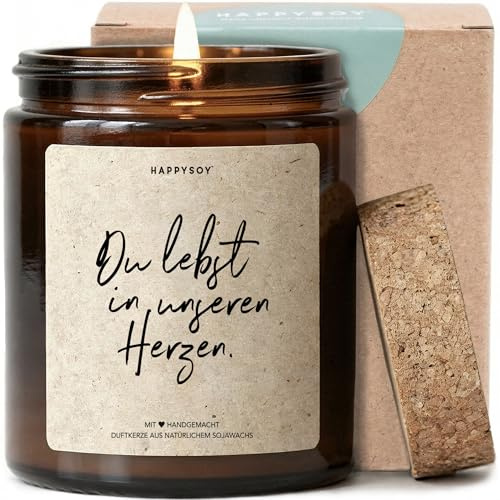 Du lebst in unseren Herzen - Duftkerze mit Spruch als Trostgeschenk, liebevolle Erinnerung, Trauerkerze im Glas, blumiger Duft, besondere Aufmerksamkeit