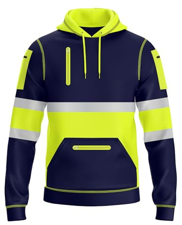 NOROZE Mens Hi Vis Hoodie with Reflective Tape, Pullover High Vis Hoodie for Safety Workwear– 4 Utility Zipped Pockets, Work Hoodies for Men, High Visibility Hooded