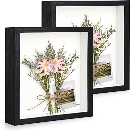 Anhow 2er 3D Bilderrahmen zum Befüllen, 3D Bilderrahmen Tiefer Objektrahmen 20 x 20 cm mit Transparente Echtglas für Tischplatte und Wand - Schwarz/ 3cm