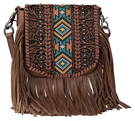 Montana West Fransen-Geldbörse, Western-Geldbörse, für Damen, Crossbody-Tasche, D2-floral mit gesticktem Aztekenbraun, Small