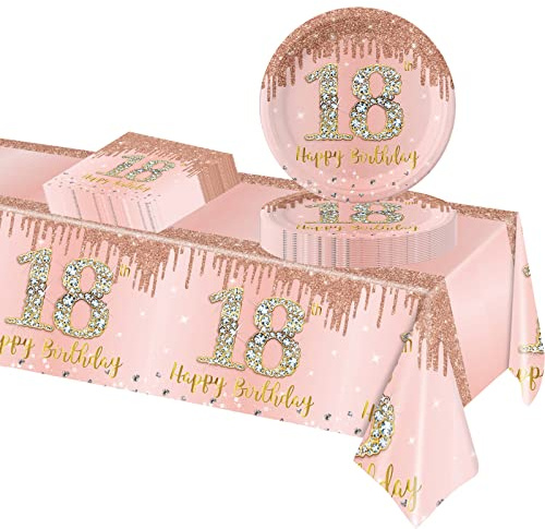 POPOYU 18. Geburtstag Partygeschirr Set,37 Stück Pappteller 9 Zoll Servietten Tischdecke 18. Geburtstag Mädchen,Roségold Geburtstagsdeko für 18. Geburtstag.Mädchen Party Dekoration Partyzubehör