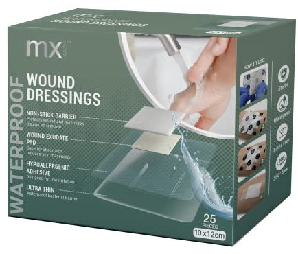 mx HEALTH Waterproof Wound Dressing Film+PAD - 10X12CM (5X6CM Wound PAD) - 25 Individually Wrapped DRESSINGS PER Box
