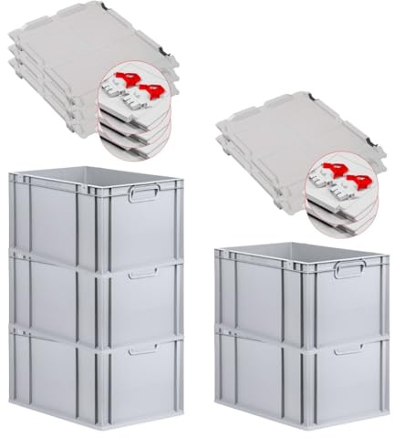 PROREGAL SuperSparSet 5x Eurobox NextGen Economy mit Scharnierdeckel & roten Verschlüssen | Griffe geschlossen | HxBxT 32x40x60cm | 65 Liter | Eurobehälter Transportbox Transportbehälter