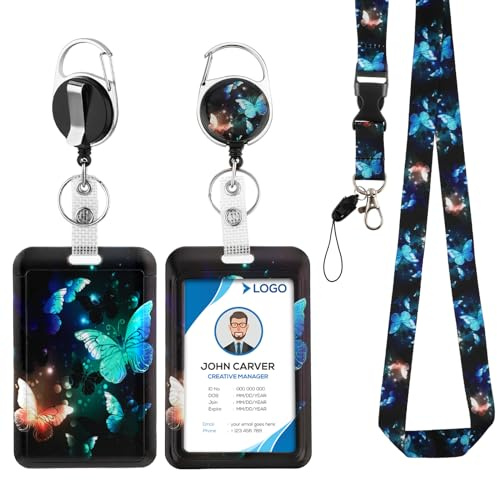 Amabro Schmetterlings Schlüsselbänder mit Ausweishalter, einziehbare Ausweisrolle mit drehbarem Gürtelclip abnehmbares vertikales Schlüsselband Schlüsselanhänger Namensschild für Lehrer(Blau)