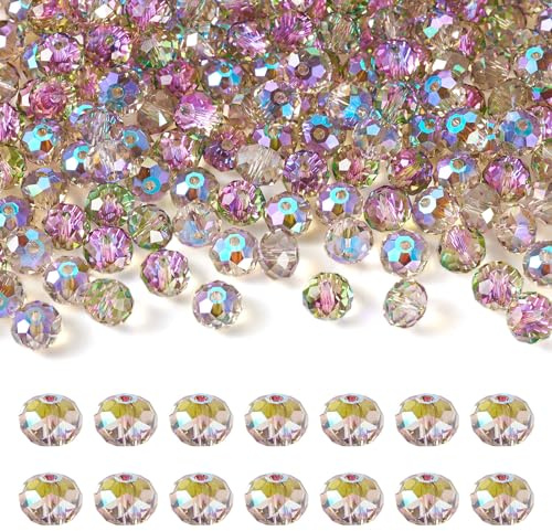 Crafans 200Pcs Faceted Crystal Rondelle Transparent Glass Beads 8MM Rainbow Plated Chunky Loose Spacer Bulk Beads for Jewelry Making, Violet