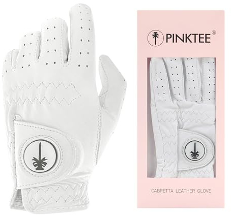 CROWNBLANKS PINKTEE Women's Golf Glove with Magnetic Ball Marker Cabretta Leather Left Hand Extra Grip Fit Ladies Girls Size Small Medium Large XL(21white)