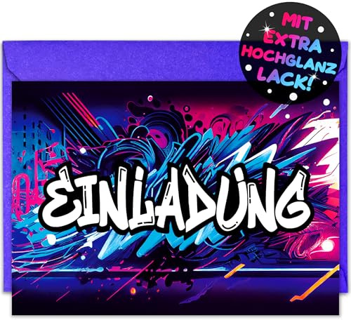 VULAVA 12x Graffiti EINLADUNGSKARTEN KINDERGEBURTSTAG Junge Mädchen + 12x Umschläge - die Graffiti PARTY Karten sind die perfekte Graffiti EINLADUNG für Jungen Mädchen Kinder GEBURTSTAG KINDERPARTY