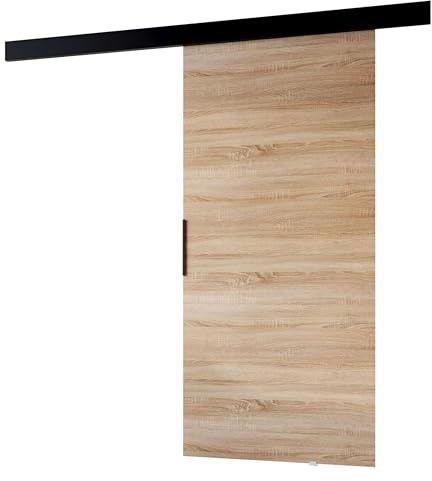 MINIO go for it - Porte coulissante PRIM A, porte intérieure 86 cm | Système de porte coulissante, Lacobel, montage mural, poignée noire, couleur : chêne Sonoma / noir