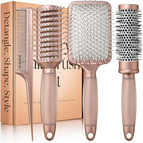 Lily England Elegant Hair Brush Gift Set for Women - 4-Piece Professional Styling Collection - Premium Ladies Gift for All Hair Types in Matte Rose Colour