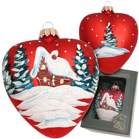 Krebs Glas Lauscha - Weihnachtsdekoration/Christbaumschmuck aus Glas - Herz Satin verschneite Landschaft mit Haus - Farbe: Rot - Größe: ca. 10 cm