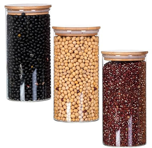 LUGZEY 3pcs Large Glass Storage Jars for Kitchen with Labels and Chalk, Bamboo Lid Jars for Rice Flour Pasta Spices Sugar Salt and Cookies, Size 1200ml (10 * 20cm)