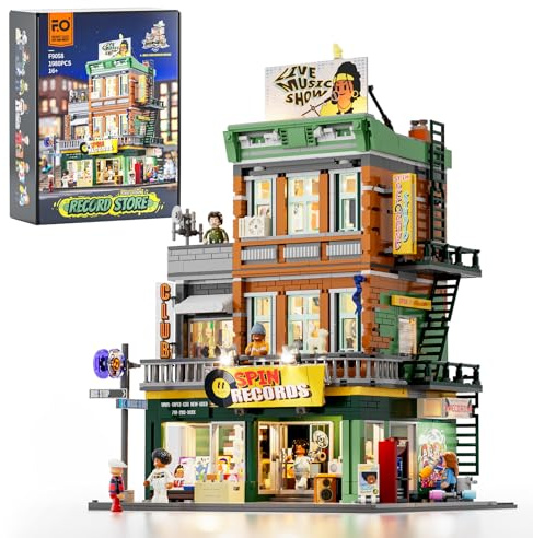 FUNWHOLE Plattenladen Beleuchtung Klemmbausteine Haus - 1980 Pcs Street Fusion Audio Shop, Multi-Form Modular Building Sammlung Kit für Erwachsene & Musikliebhaber,F9058